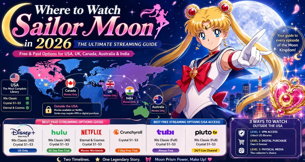 Where to Watch Sailor Moon (2026): Free & Paid Streams in US, UK, India & Worldwide